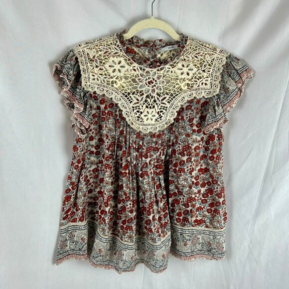 Othilia Anthropology Malia Shirt Women Large Red White Floral Lace Crochet Boho - Picture 4 of 10